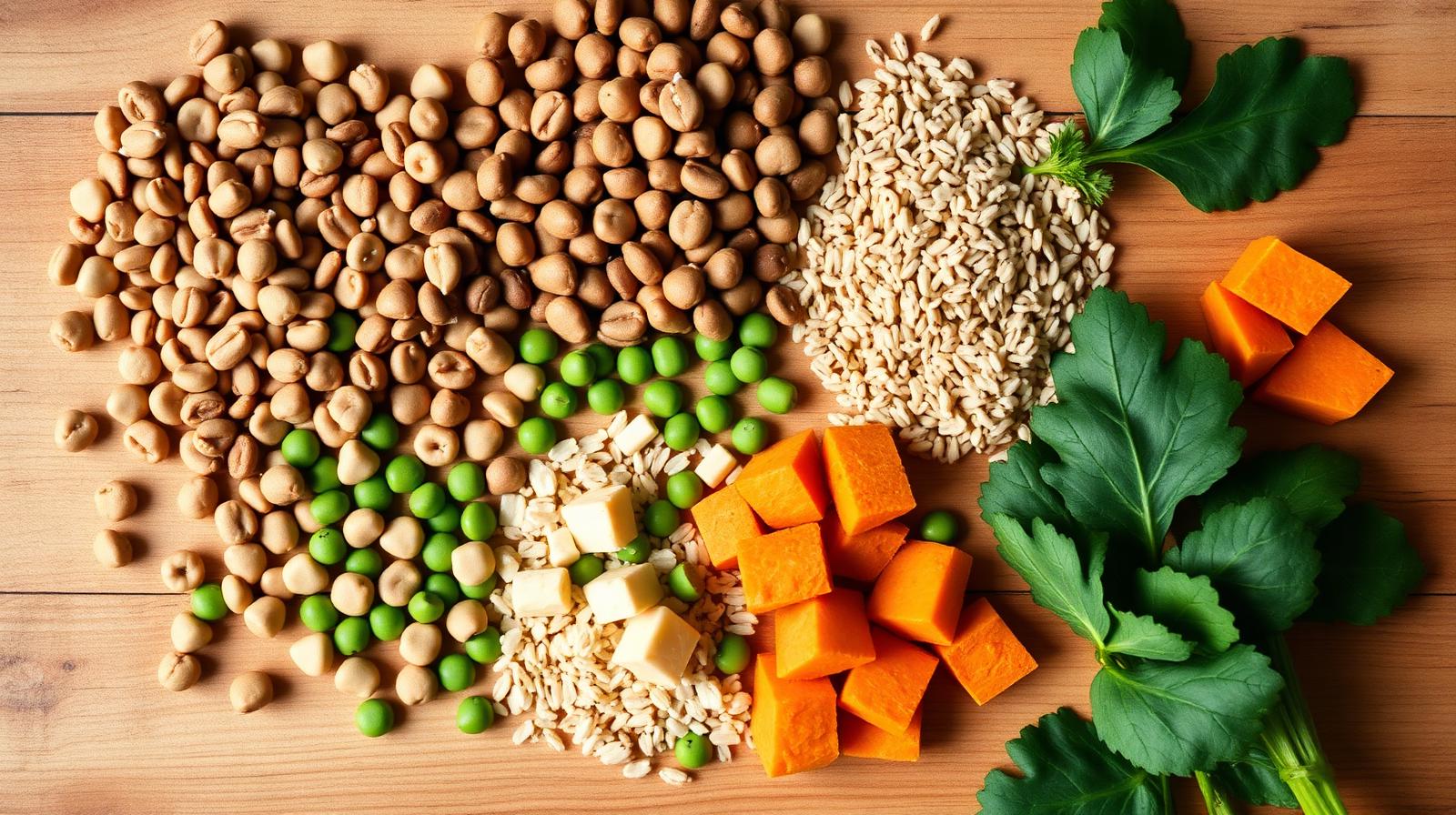 Flat lay of plant-based dog food ingredients including lentils, chickpeas, peas, brown rice, sweet potato and leafy greens