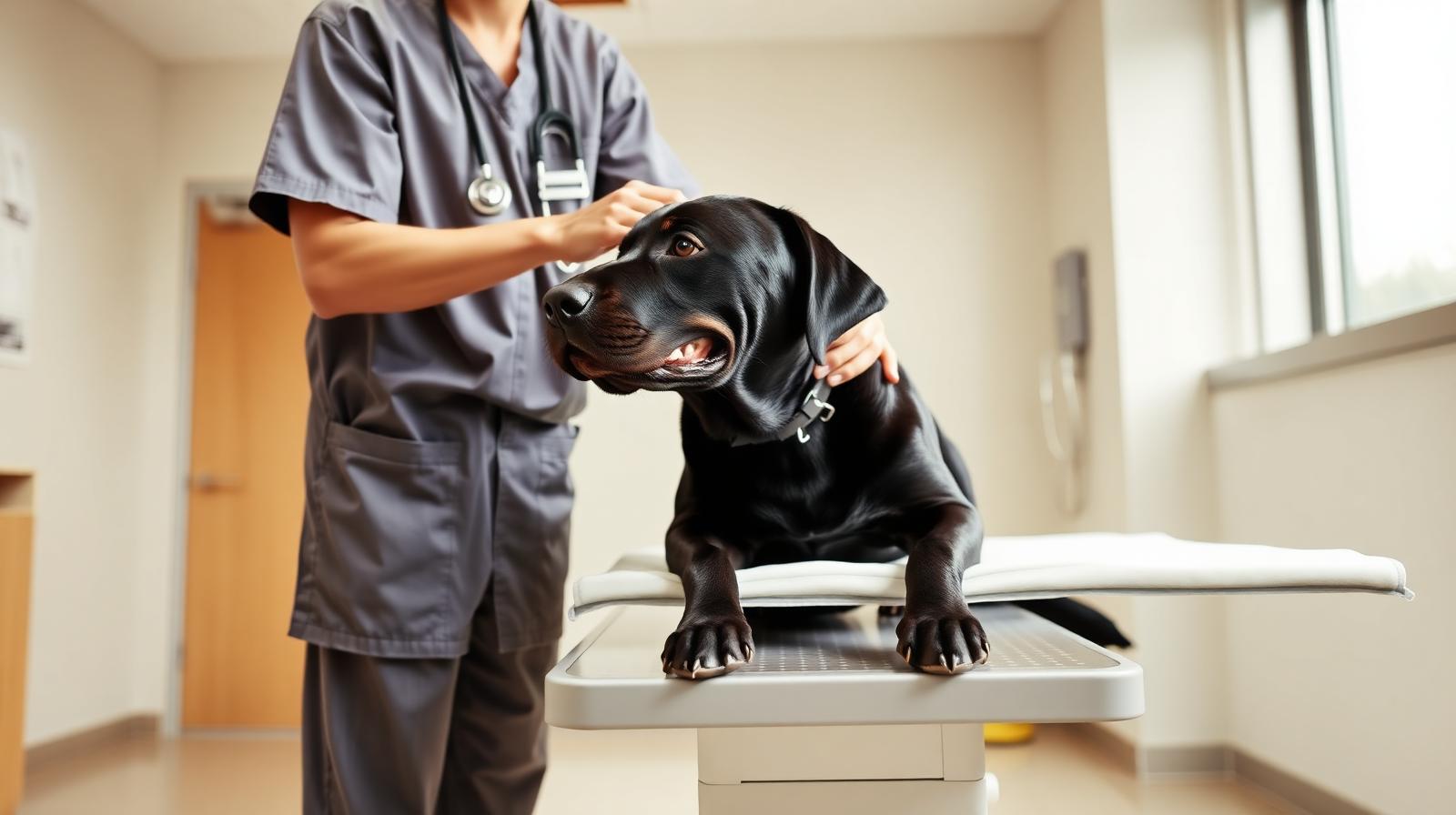 Veterinarian gently examining a healthy black labrador on a clinic exam table