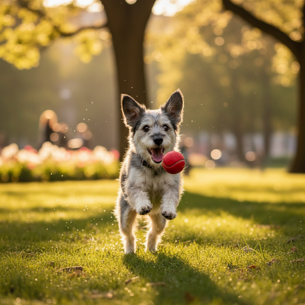 A senior small dog mid-leap playing fetch in a sunlit park, joyful expression